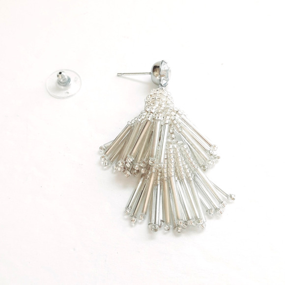 LOFT NEW Crystal Stone Silver Metallic Tassel Drop Dangle Earrings NWT Elegant - Picture 3 of 4